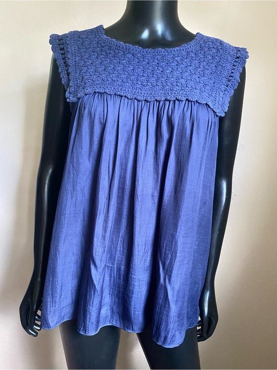 Skies Are Blue Tops - Skies Are Blue Crochet Yoke Sleeveless Blue Tunic